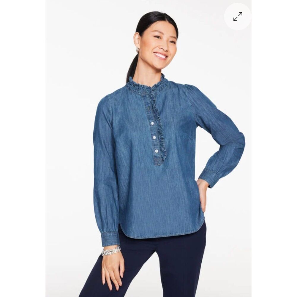 TALBOTS Ruffle Neck Denim Popover Blouse, Rhinestones, Sz XL